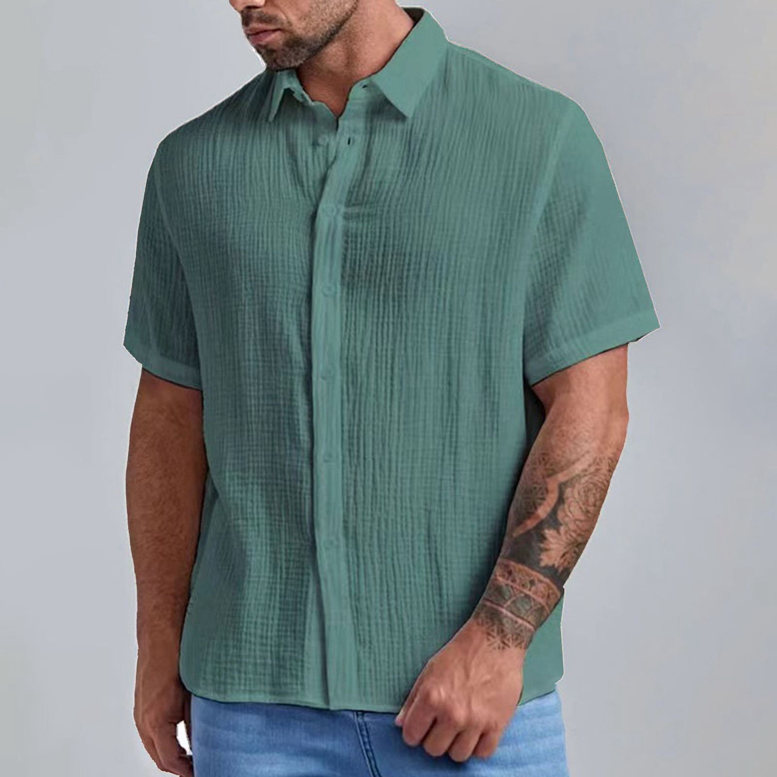 thumbnail image 5 of Camisa de manga corta con cuello cubano para hombre - Camisa informal con botones para bodas en la playa - Ropa de verano, 5 of 5